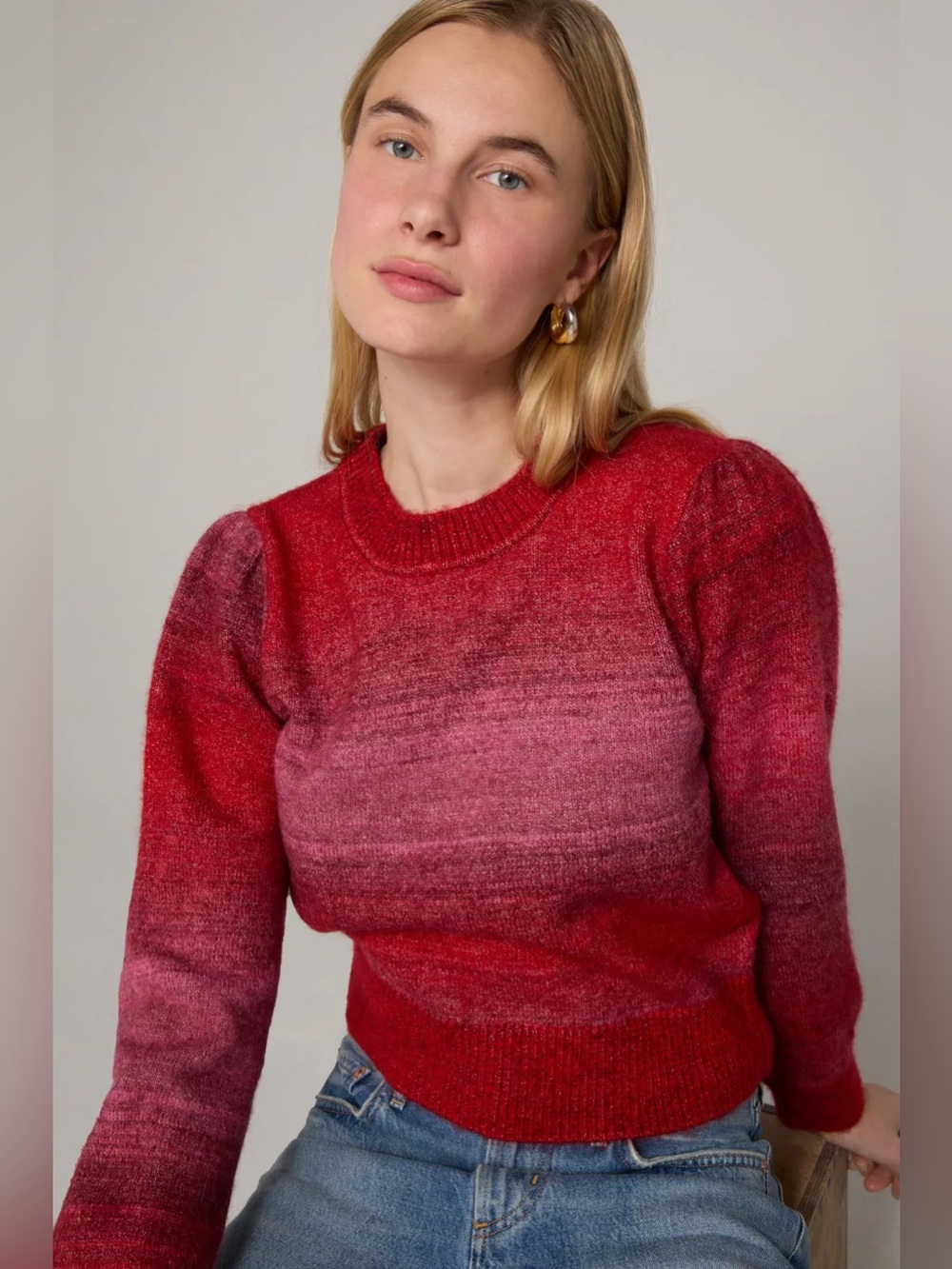 Marine Layer Ombre Alma Puff Sleeve Sweater Red Pink Size Small